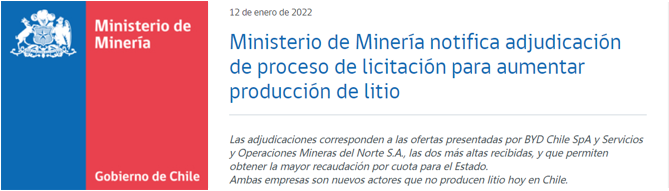 Anúncio oficial do Ministério de Mineração do Chile